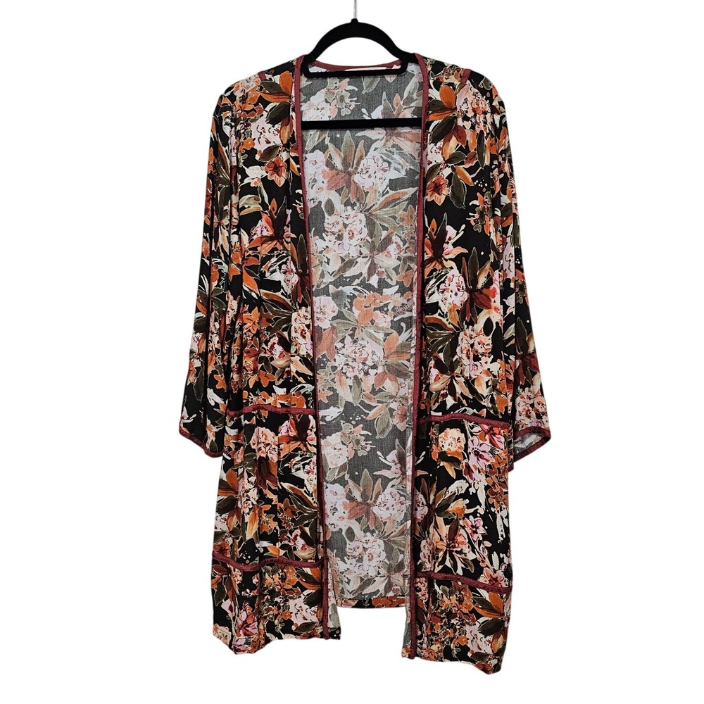 Soft Surroundings L Bernadette Floral Open Front Kimono Cardigan Tunic Boho Top